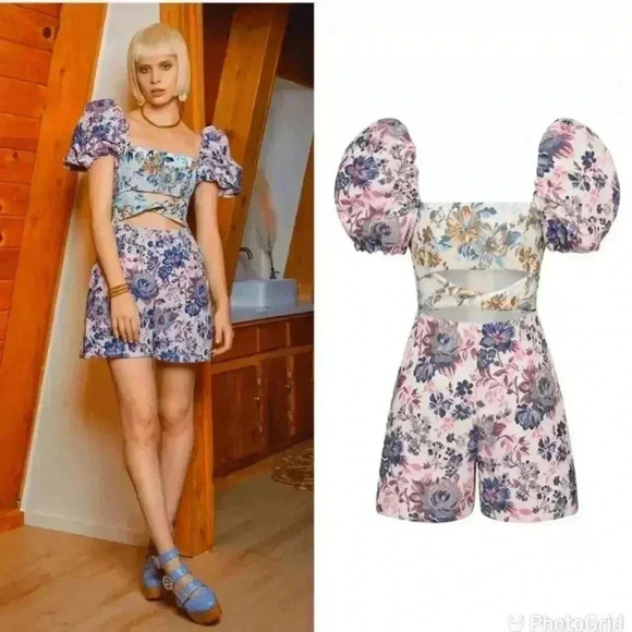 NWOT Autumn Adeigbo Liadan Floral Jacquard Twist Front Romper Jumpsuit XS l US 2 - Picture 1 of 10
